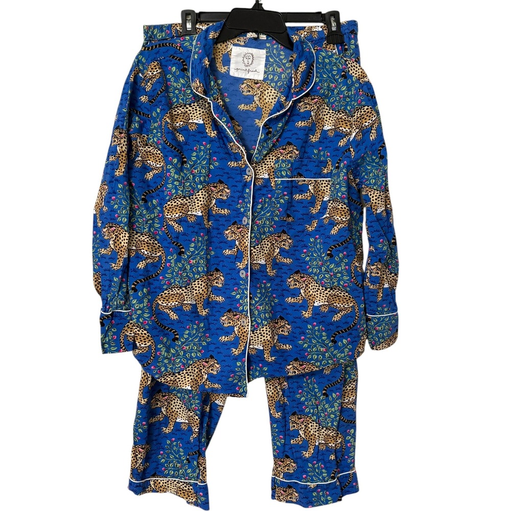 Printfresh Womens M Pajama Set Blue Leopard Bagheera Cotton Long Sleeve Pants